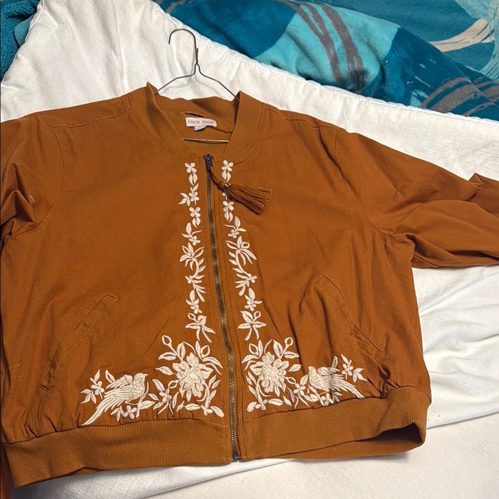 Knox Rose Brown Bomber Jacket with White Embroidery